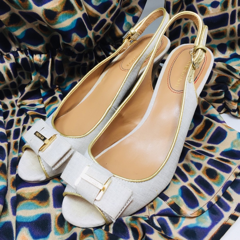 Tommy Hilfiger Peep Toe Linen Cork Wedge 8